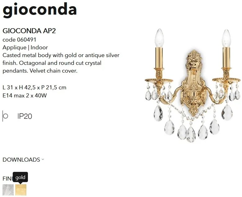 Aplica cristal Venezian auriu GIOCONDA AP2 ORO 060491
