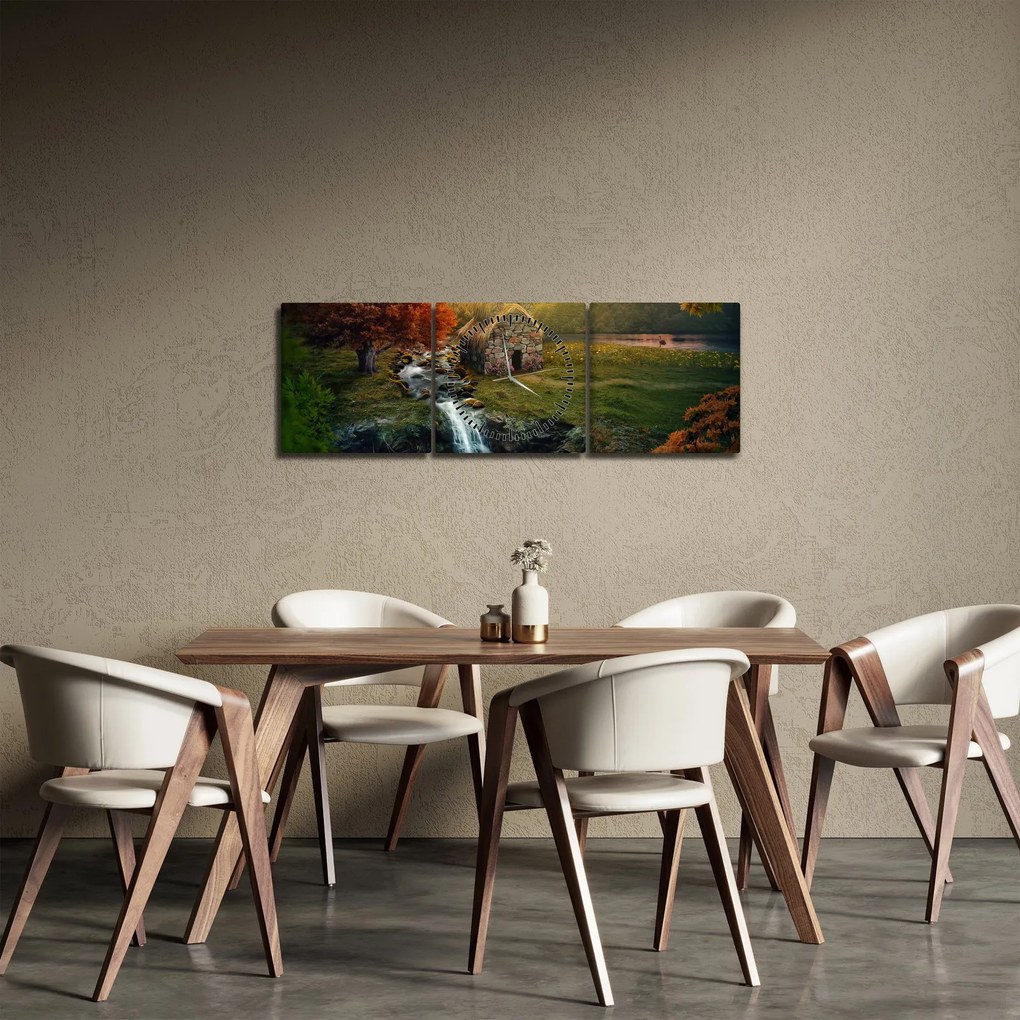 Tablou cu căbănuță în peisaj de poveste (cu ceas) (90x30 cm)
