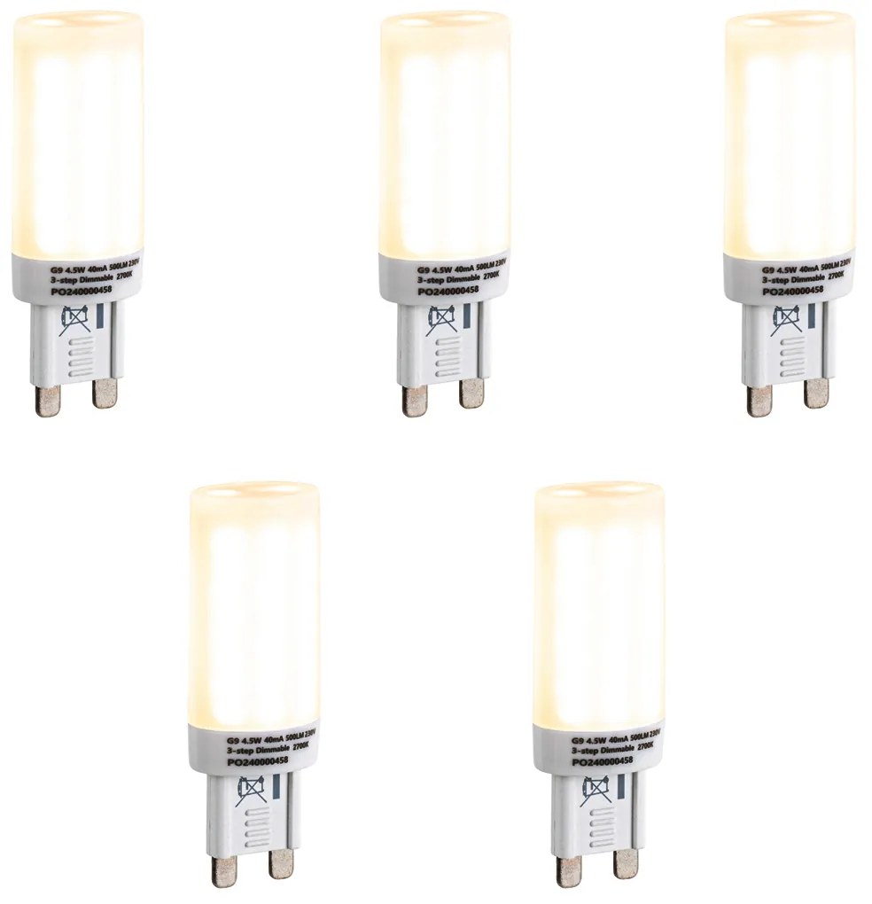 Set de 5 becuri LED G9 reglabile în 3 trepte opal 4,5W 500lm 2700K