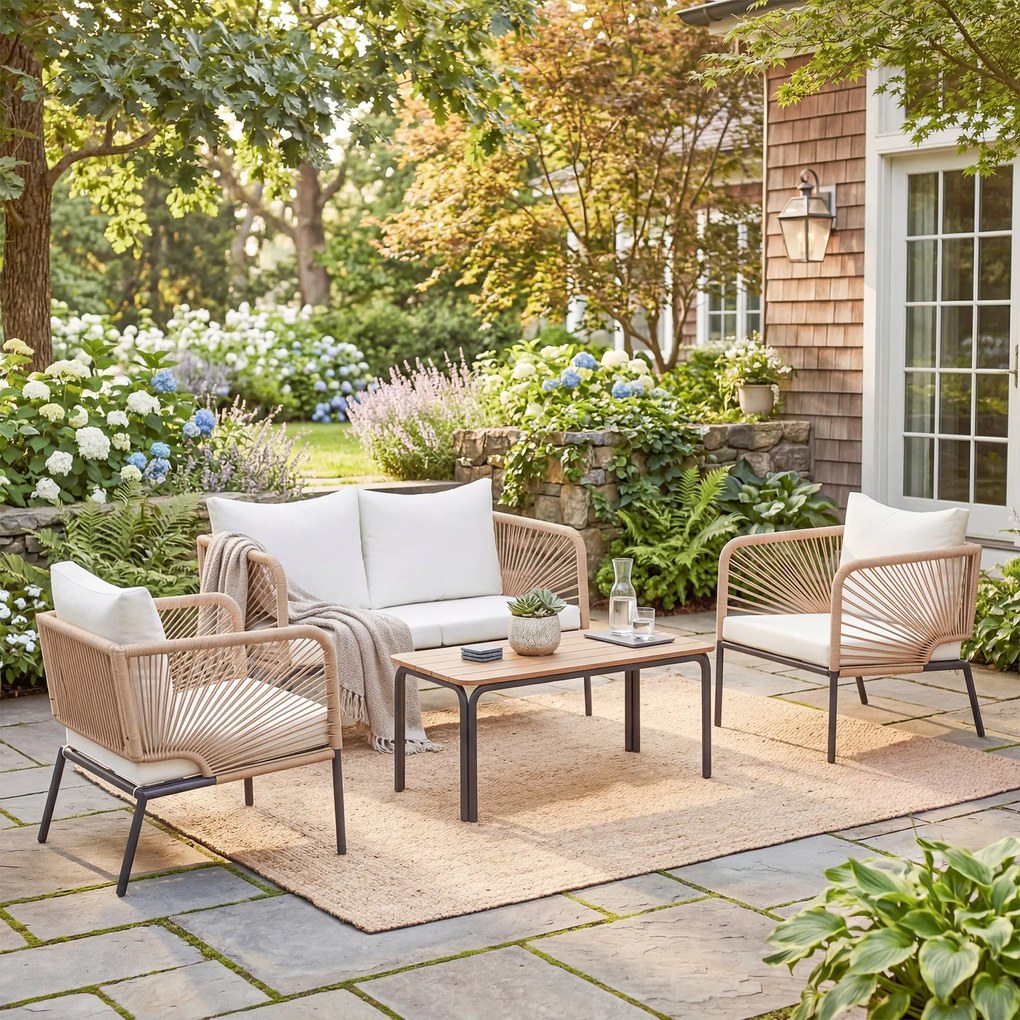 Outsunny Set mobilier de grădină, grup de șezut pentru 4 persoane, lounge cu sofă 2 locuri, 2 fotolii, masă cu lamele, împletitură tip sfoară, perne lavabile | Aosom Romania