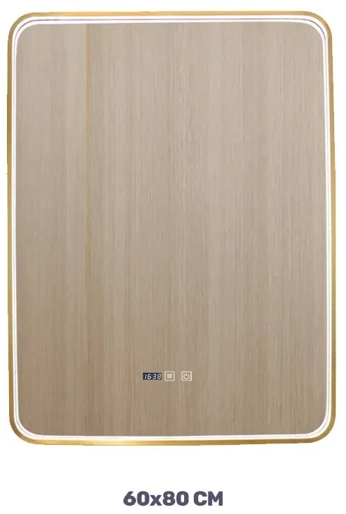 Oglindă LED Dreptunghiulară (60x80 cm), Lumină Rece, Intensitate Reglabilă, Funcție Dezaburire, Ceas (Timer) și Termometru, Ramă Aluminiu, Control Tactil (Touch)