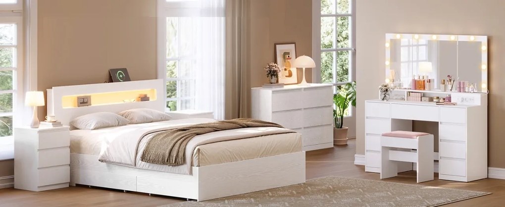 Masuta machiaj cu Oglinda LED si 9 Sertare pentru Cosmetice, Set Masa toaleta 107 cm, Alb, masuta cosmetica, vanity - SEA11