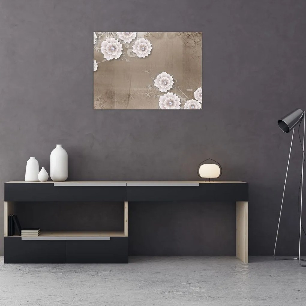 Tablou pe sticlă - Draperie cu flori (70x50 cm)