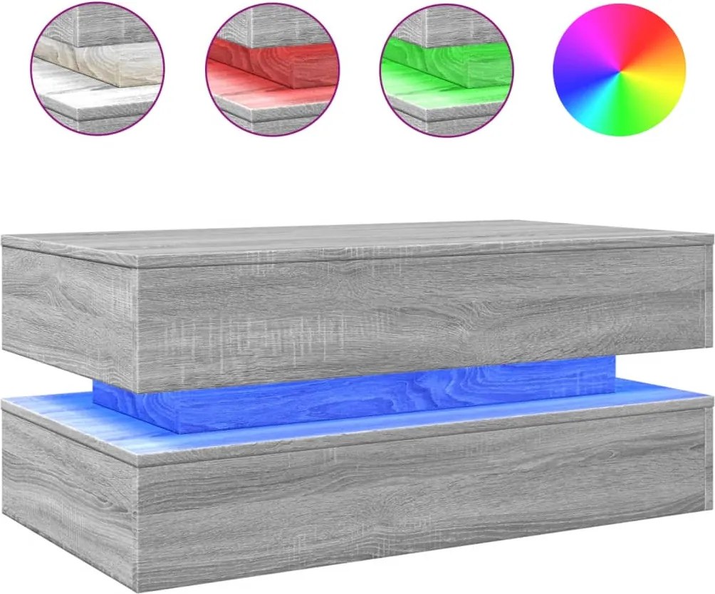 vidaXL Măsuță de cafea cu lumini LED, gri sonoma, 90x50x40 cm