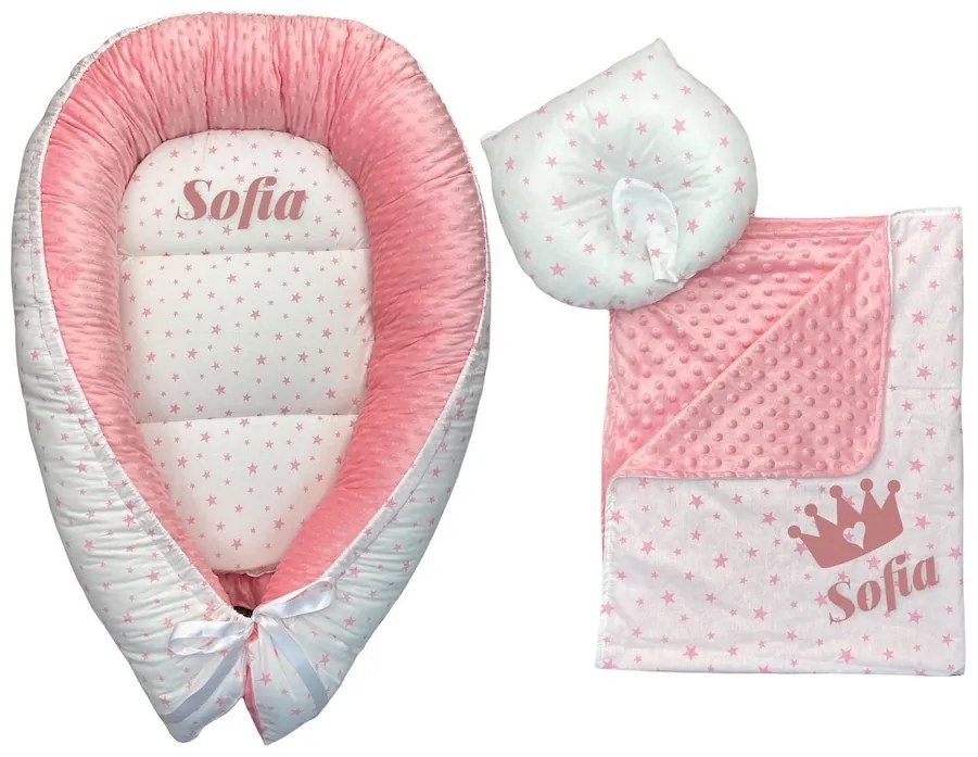 Set 4 în 1 Personalizat cuib baby nest bebelusi cu desfacere  salteluta detașabilă  perna formare cap și păturică dubla Minky roz - Steluțe roz pe alb