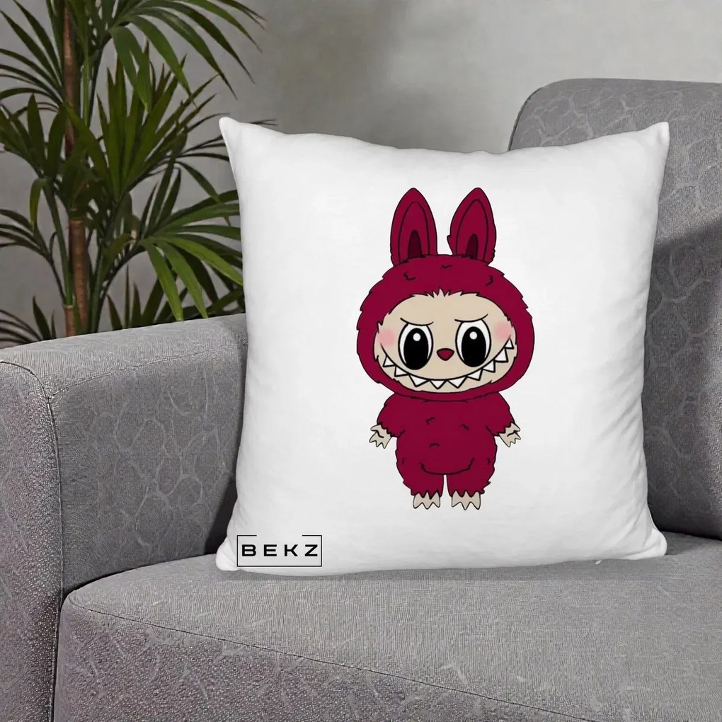 Perna Personalizata Labubu Rosu-Visiniu Solo, 40x40 cm, Alb Pufos, Husa Detasabila, Perna Inclusa, BEKZ®