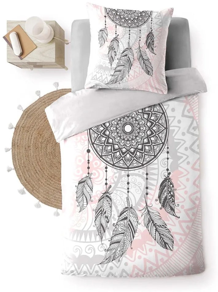 Lenjerie de pat albă/roz din bumbac pentru pat de o persoană 140x200 cm Namaste – douceur d'intérieur