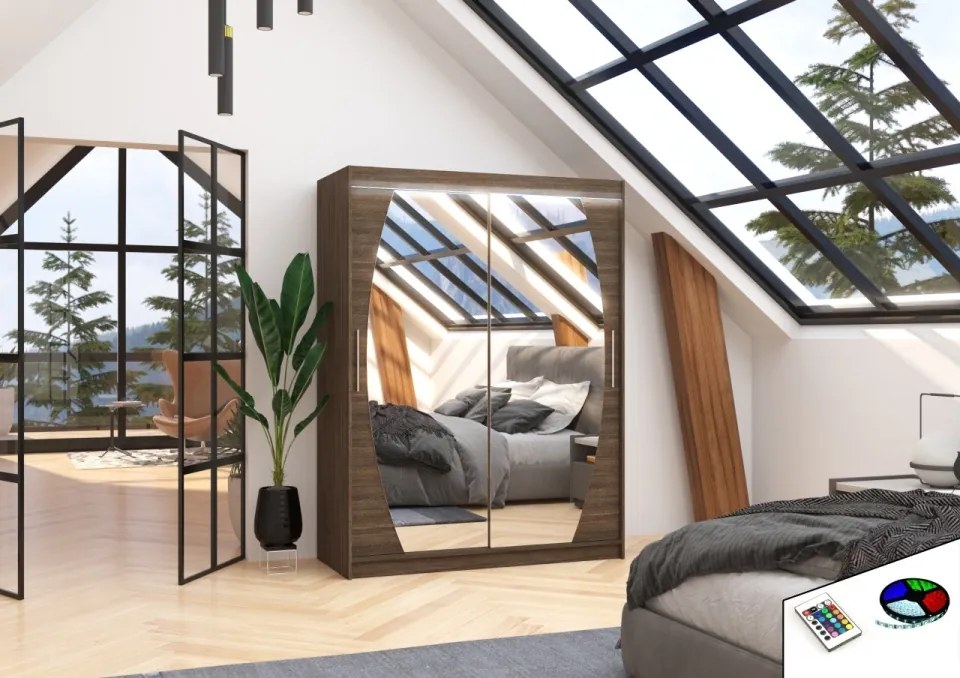 Dulap cu usi glisante si oglinda + iluminare LED, Alen 150 + LED, 150 cmx200 cmx58 cm, ADRK Furniture (Culoare: Ciocolata)