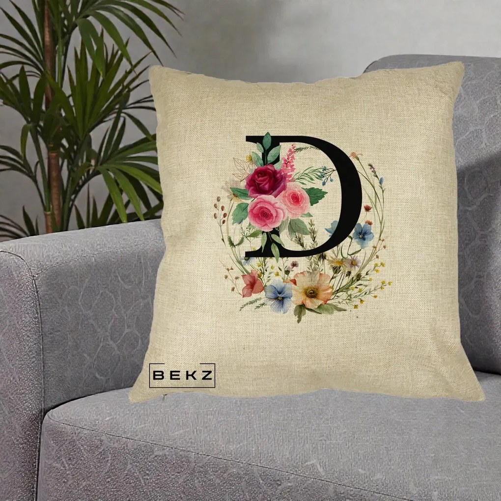 Cadou Personalizat - Perna Personalizata Monogram Litera D cu Flori Acuarela, 40x40 cm, Crem, Husa Detasabila, Perna Inclusa, BEKZ®