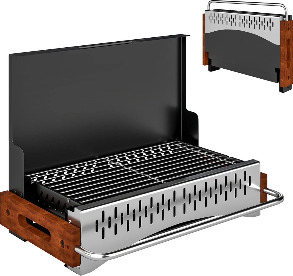 Outsunny Grătar Portabil cu Cărbune, Tava Detașabilă, din Oțel Inoxidabil și Metal, 50,5x34x33 cm, Negru | Aosom Romania