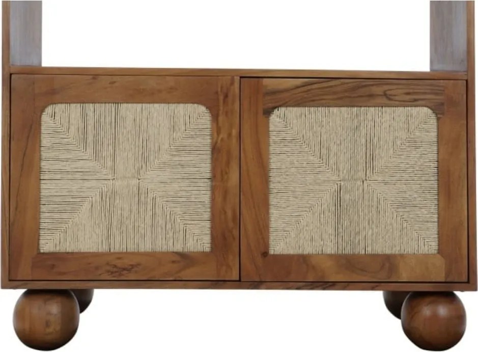 Etajeră din lemn de acacia și ratan, maro și natur, cu 3 rafturi și 2 uși împletite, 181 x 90 x 40 cm, „Savanah”
