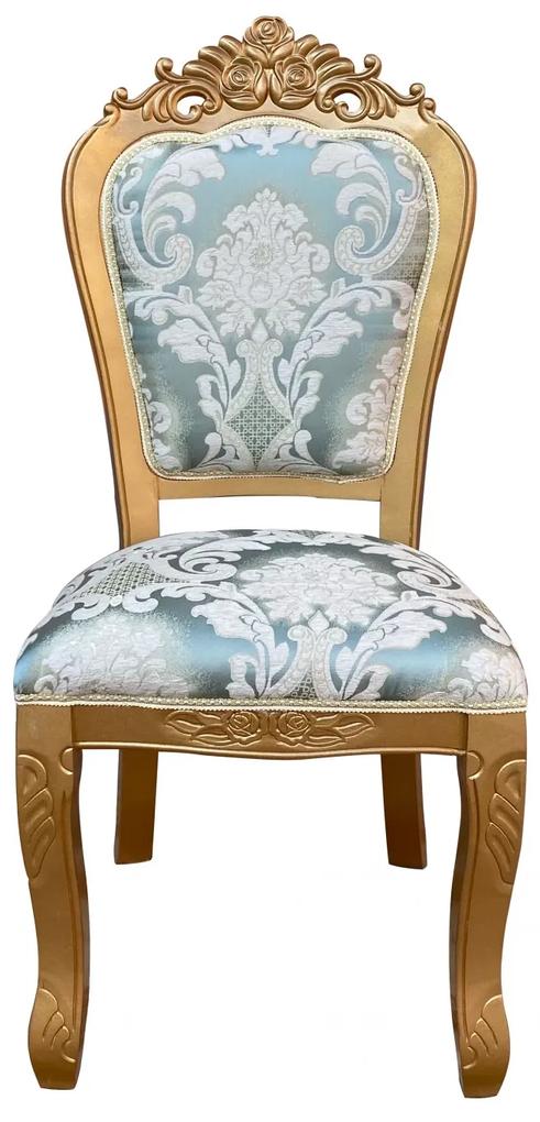 Scaun dining, stil clasic, din lemn masiv, auriu, tapițerie textil verde/alb