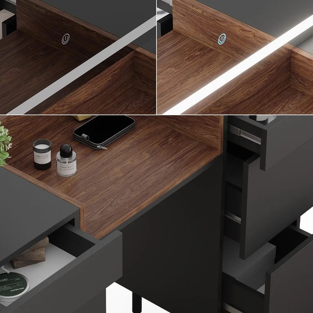 SEG216 - Set Masa toaleta 120 cm cosmetica machiaj, oglinda cu LED, masuta vanity cu sau fara scaun - Gri Antracit - Maro