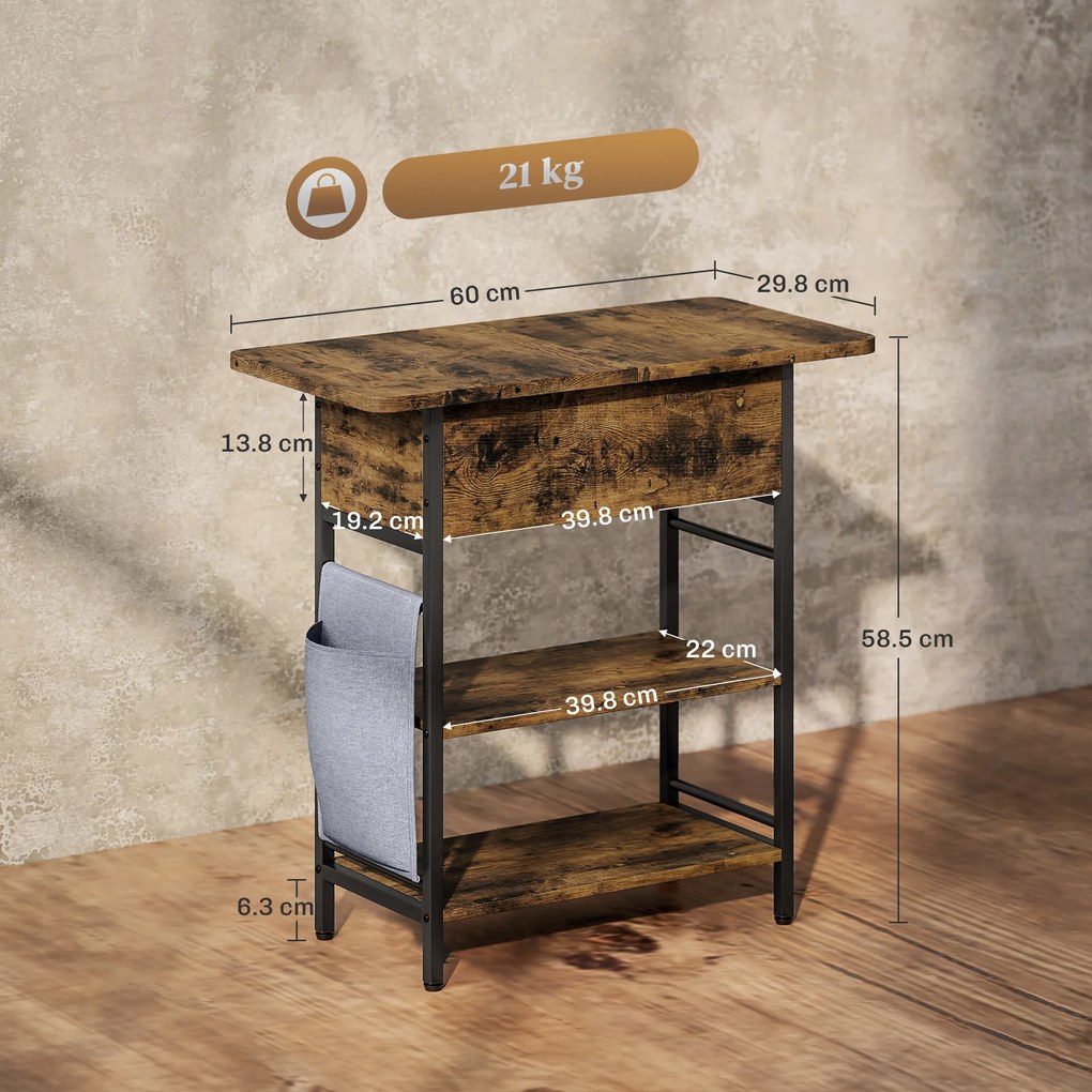 HOMCOM Măsuță de cafea măsuță de cafea cu stație de încărcare și buzunar de depozitare, 60 x 29,8 x 58,5 cm, brun rustic | Aosom Romania