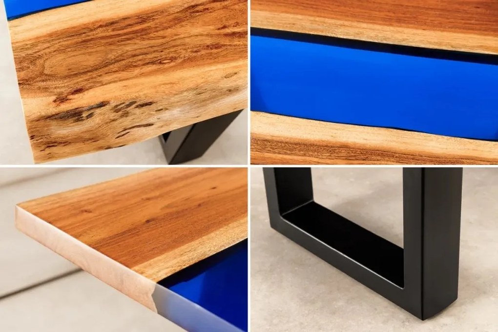 Masuta din lemn de salcam cu rasina epoxidica albastra LIQUID 110cm
