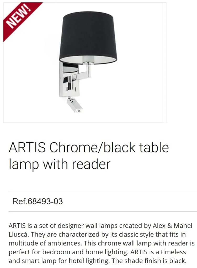 Aplica cu reader LED stil clasic design elegant ARTIS crom/negru