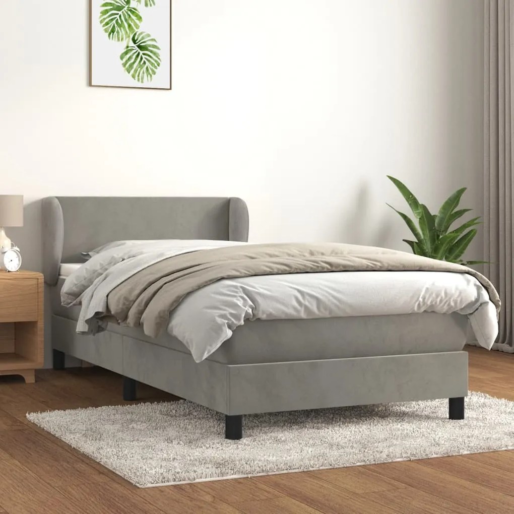 3127343 vidaXL Pat box spring cu saltea, gri deschis, 90x190 cm, catifea