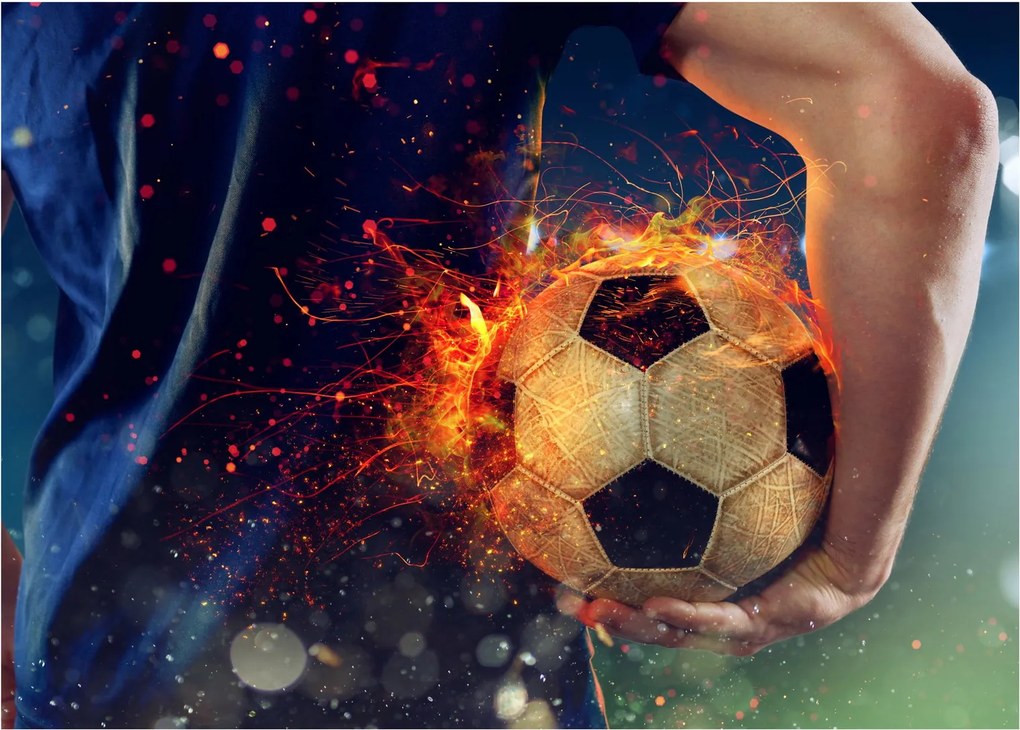 Tablou pe sticlă - Minge de fotbal în flăcări (70x50 cm)