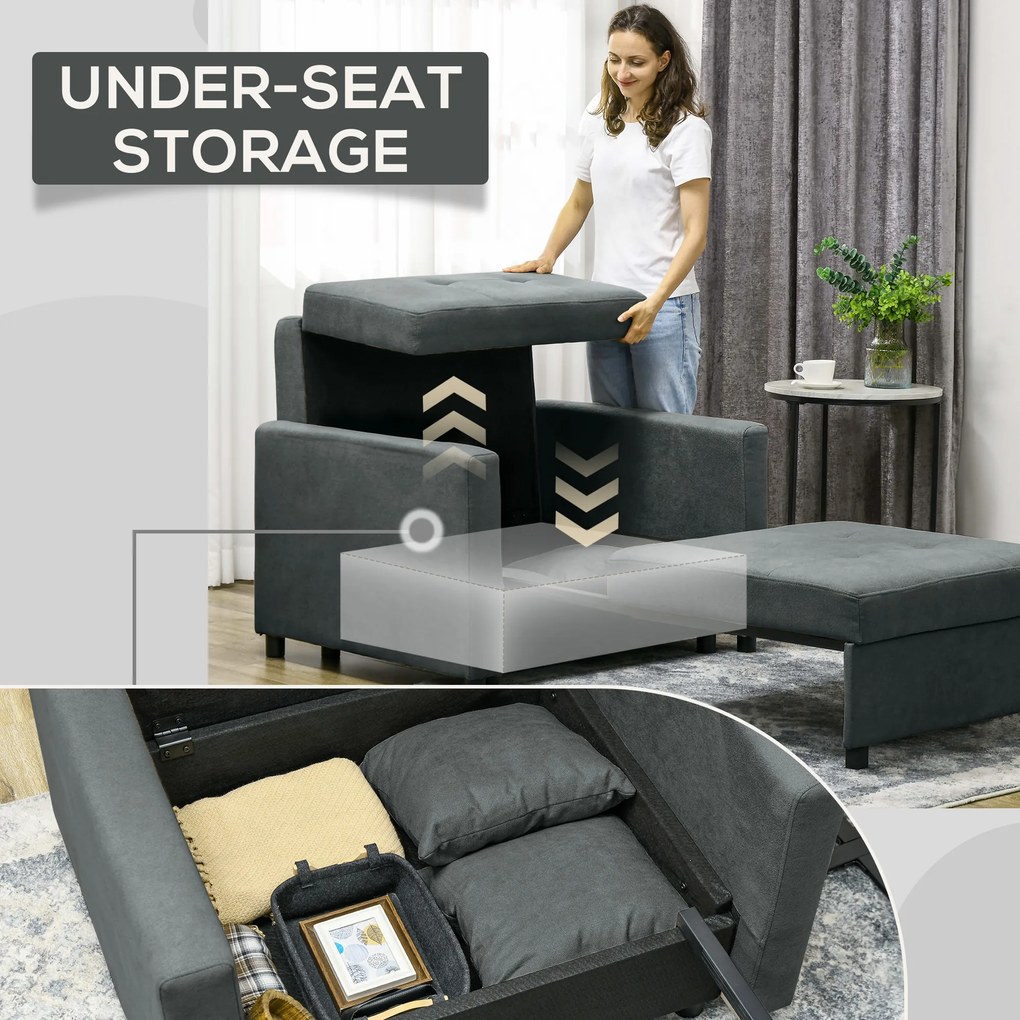 HOMCOM Fotoliu Tip Pat de O Persoană cu 2 Perne și Spațiu de Depozitare, Gri | Aosom Romania