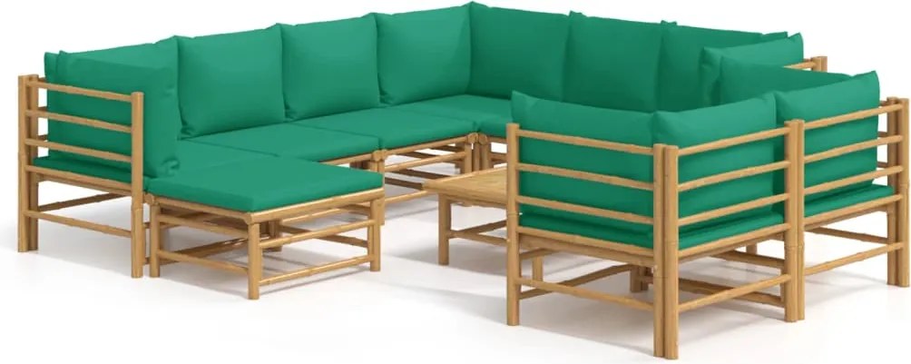 vidaXL Set mobilier de grădină cu perne verzi, 10 piese, bambus