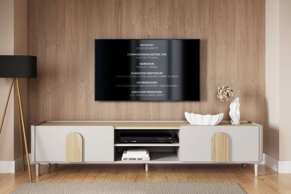 Comodă TV Amilio 220 cm cu sertar - cashmere / stejar uleiat / mânere stejar deschis