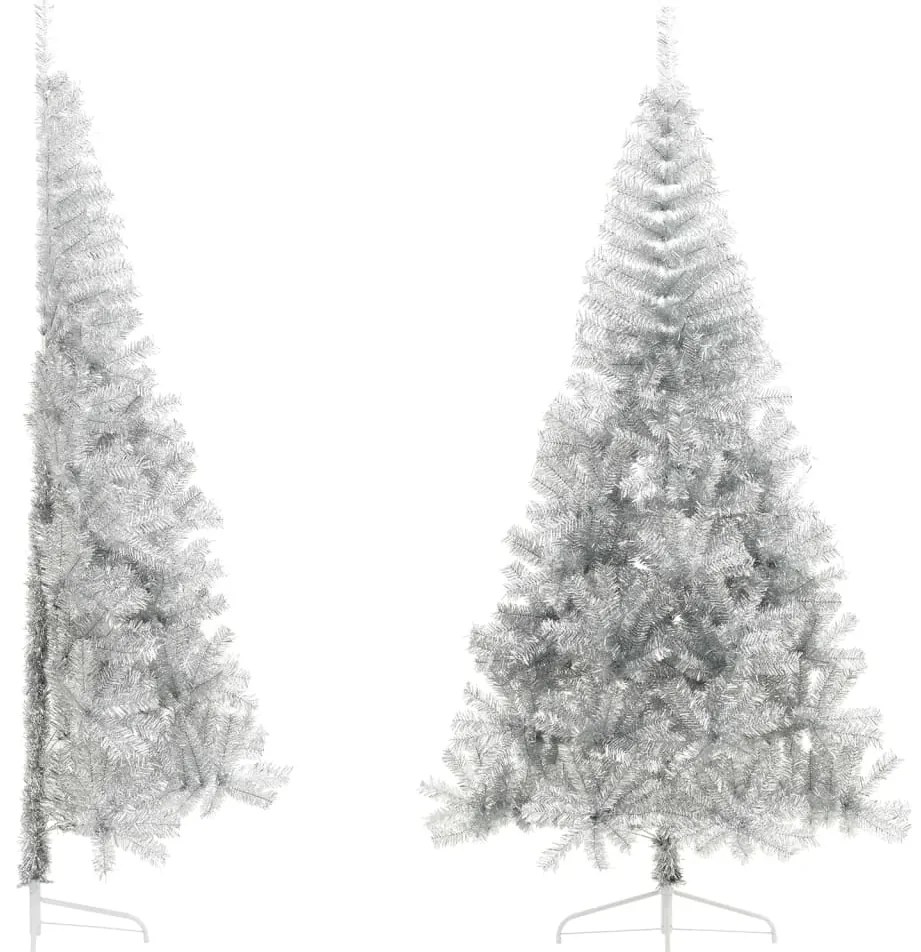 vidaXL Jumătate brad de Crăciun cu suport, argintiu, 210 cm, PET