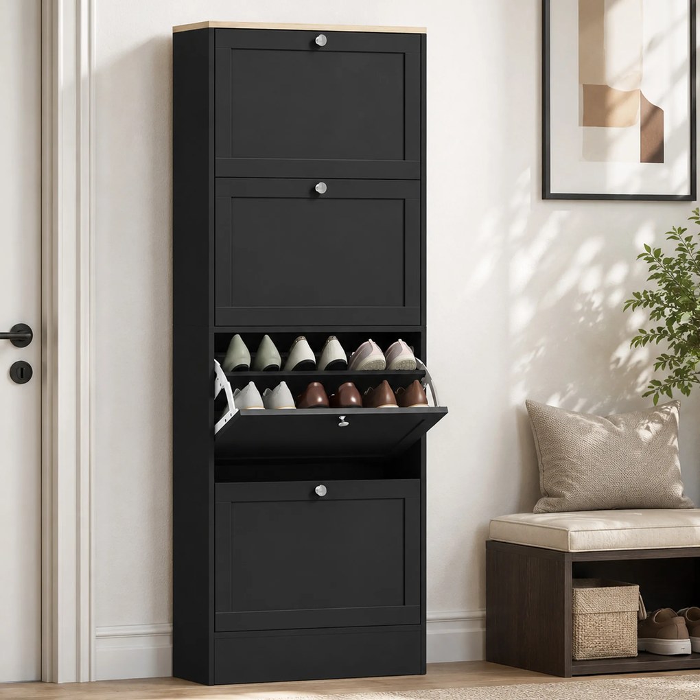 HOMCOM Pantofar Compact cu 4 Sertare și Rafturi Reglabile pe 2 Niveluri, 60 x 23,5 x 153,3 cm, Negru | Aosom Romania