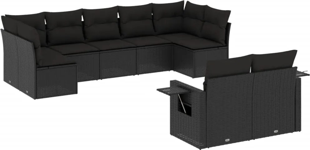 vidaXL Set mobilier de grădină cu perne, 9 piese, negru, poliratan
