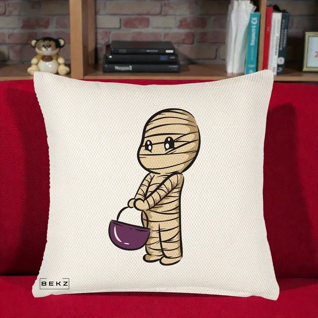 Perna Decorativa Halloween Mummy Kawaii cu Cos, 40x40 cm, Crem Reliefat, Husa Detasabila, Perna Inclusa, BEKZ®