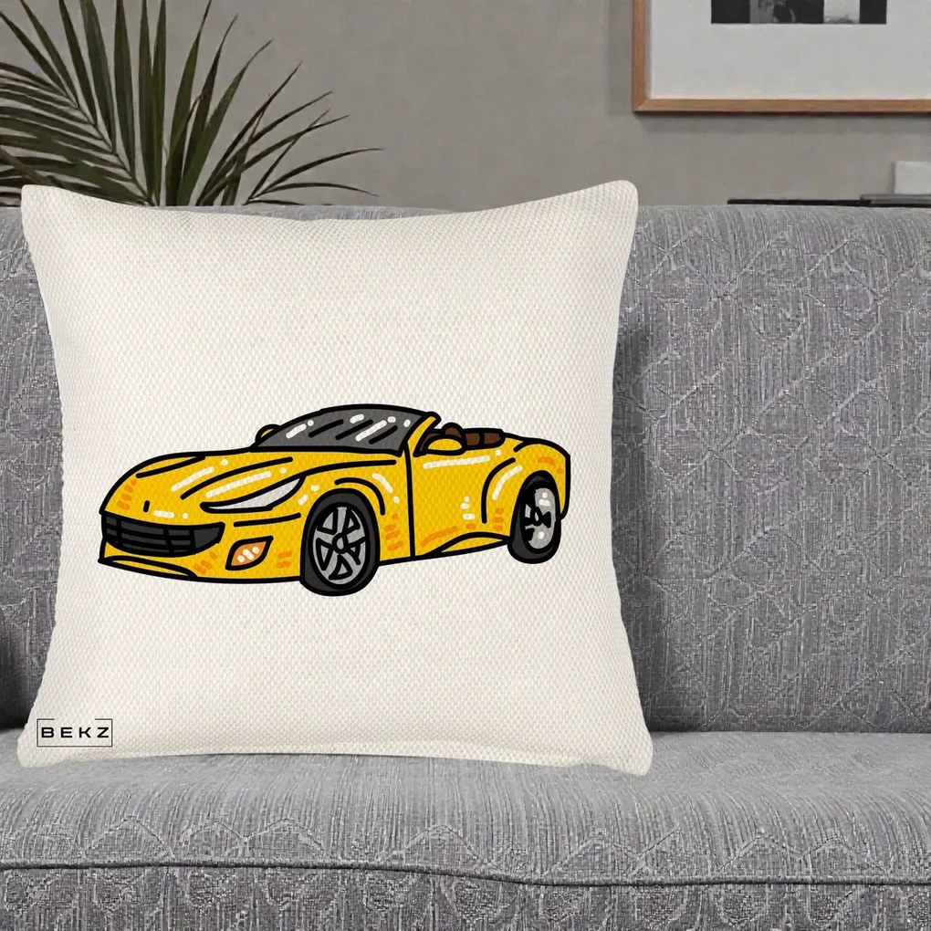 Perna Personalizata Masina Cabriolet Galbena Grafic, 40x40 cm, Crem Reliefat, Husa Detasabila, Perna Inclusa, BEKZ®