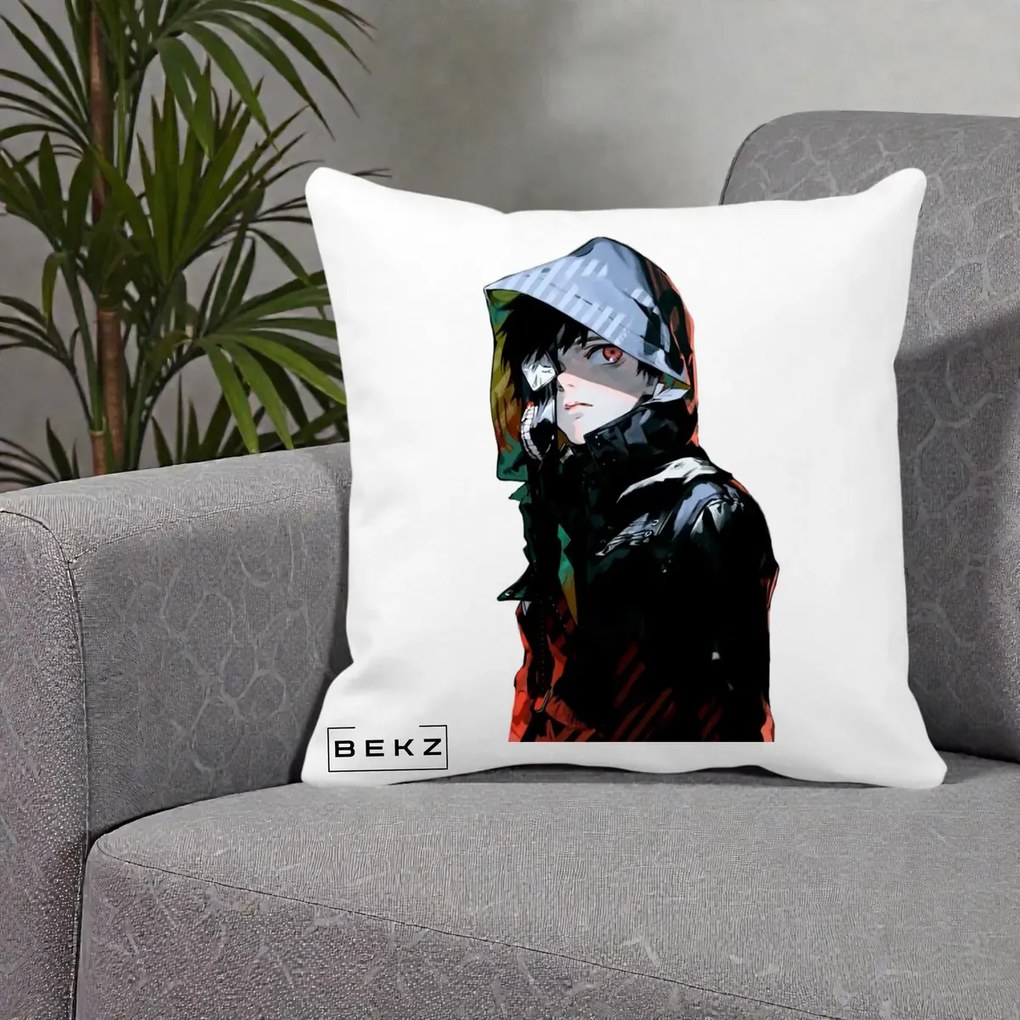 Perna Personalizata Tokyo Ghoul Ken Kaneki cu Masca si Gluga, 40x40 cm, Alba Mata, Husa Detasabila, Perna Inclusa, BEKZ®