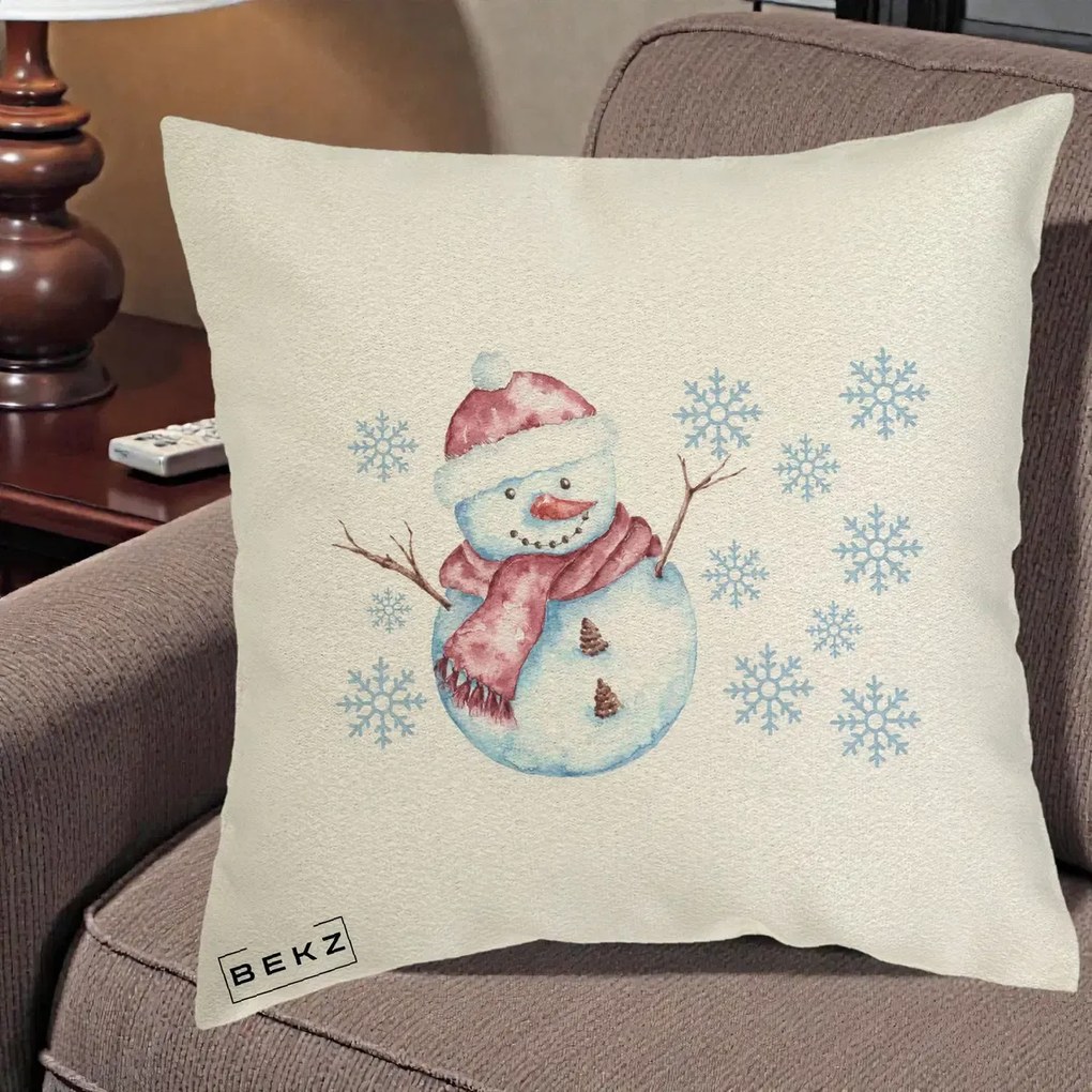 Perna Decorativa Om de Zapada Rosu cu Fulgi, 40x40 cm, Ecru, Husa Detasabila, Perna Inclusa, BEKZ®