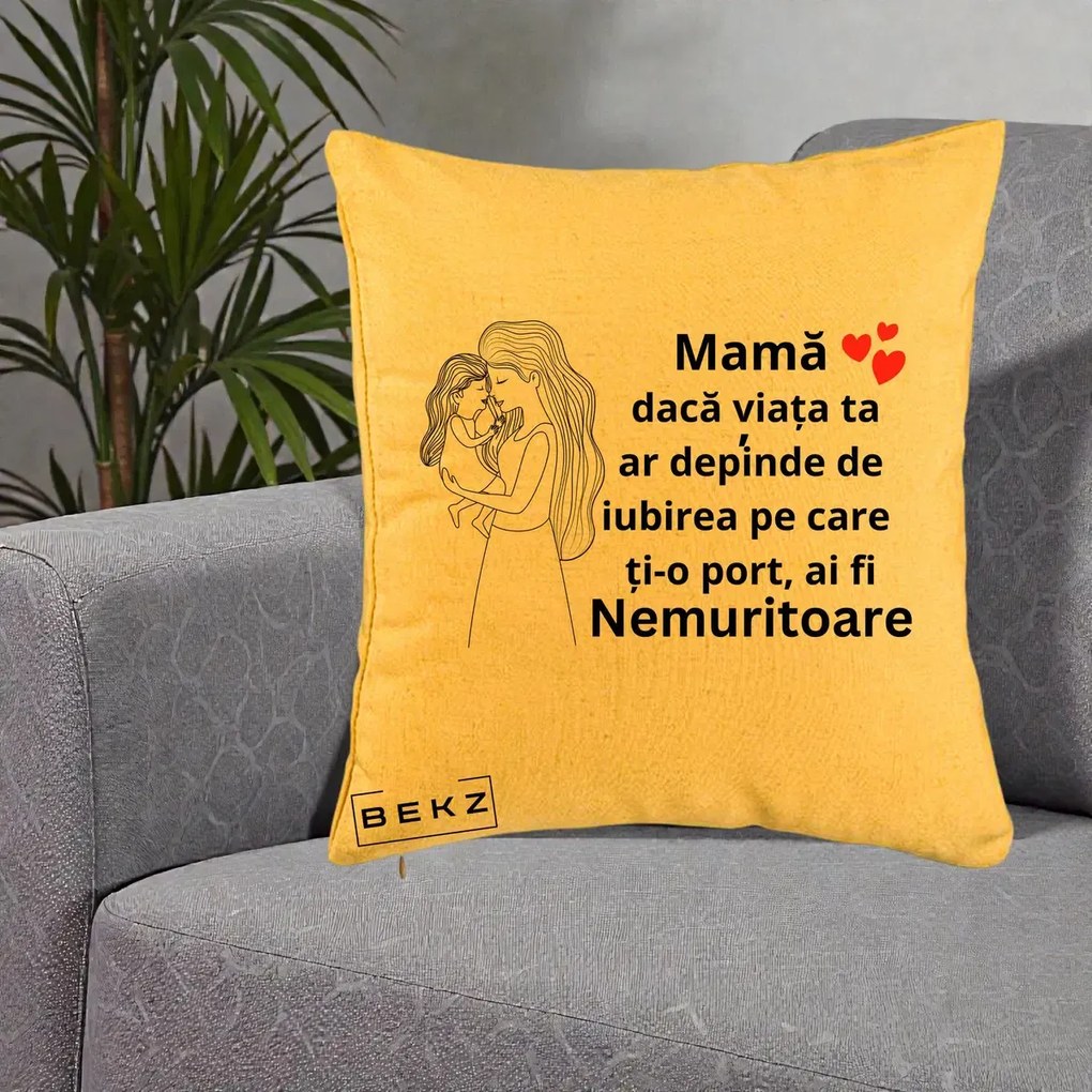 Cadou pentru Mama - Perna Personalizata Mama Nemuritoare cu Copilul in Poala, 40x40 cm, Galben, Husa Detasabila, Perna Inclusa, BEKZ®