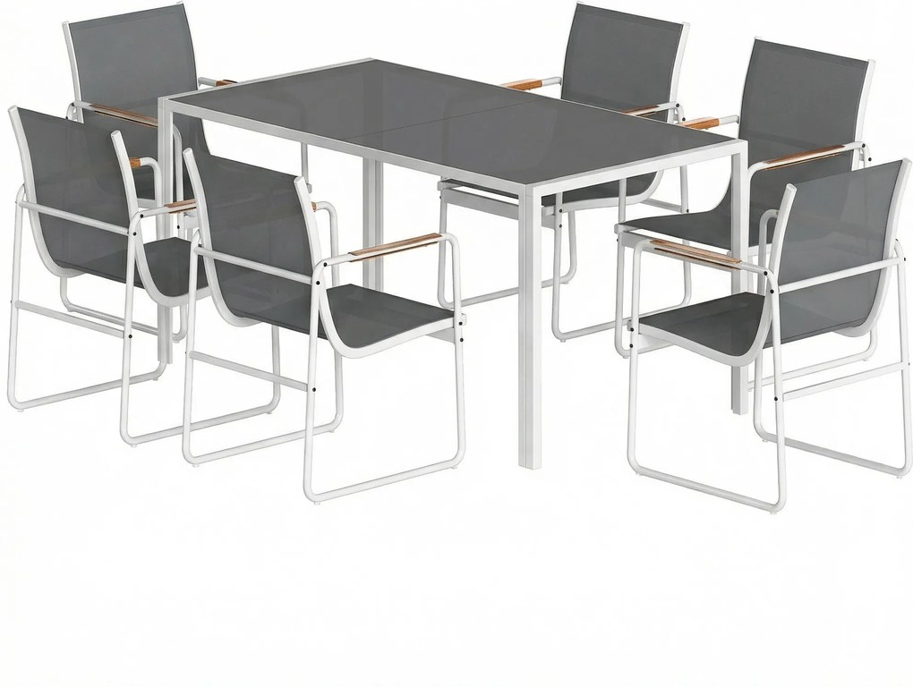 Outsunny Set masă și scaune pentru grădină cu masă din sticlă securizată și 6 scaune respirabile pentru terasă/patio Alb și Gri | Aosom Romania