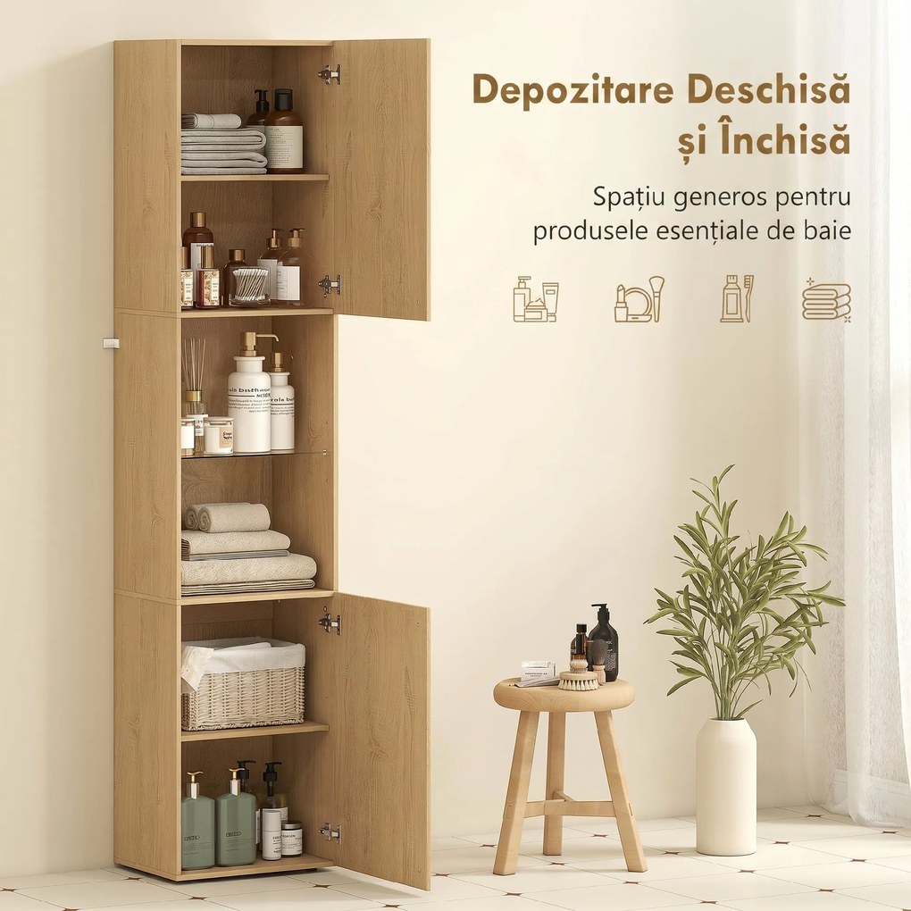 HOMCOM Coloană Baie Slim 6 Rafturi, 2 Uși, Compartimente Deschise, Raft din Sticlă Securizată, Rafturi Reglabile, Stejar | Aosom Romania