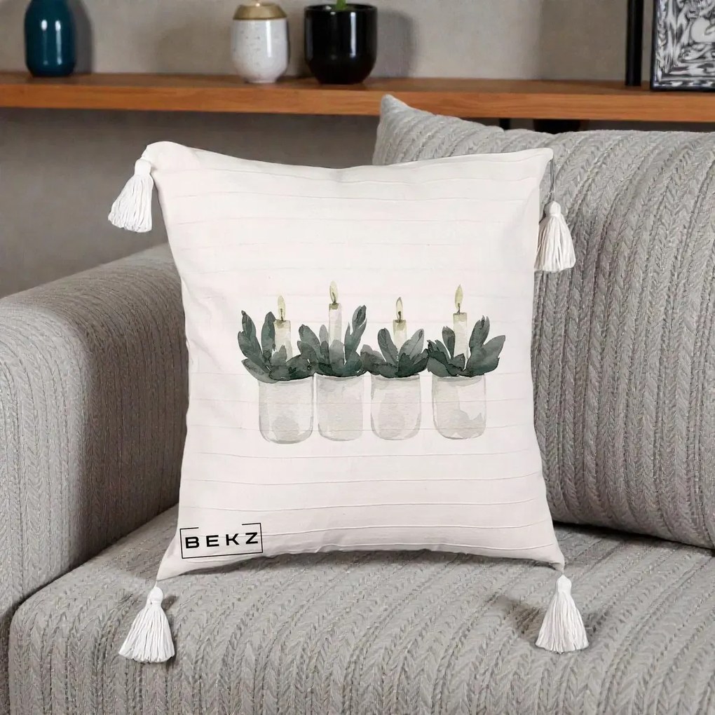 Perna Decorativa Lumanari Advent in Borcane, 40x40 cm, Bej cu Franjuri, Husa Detasabila, Perna Inclusa, BEKZ®