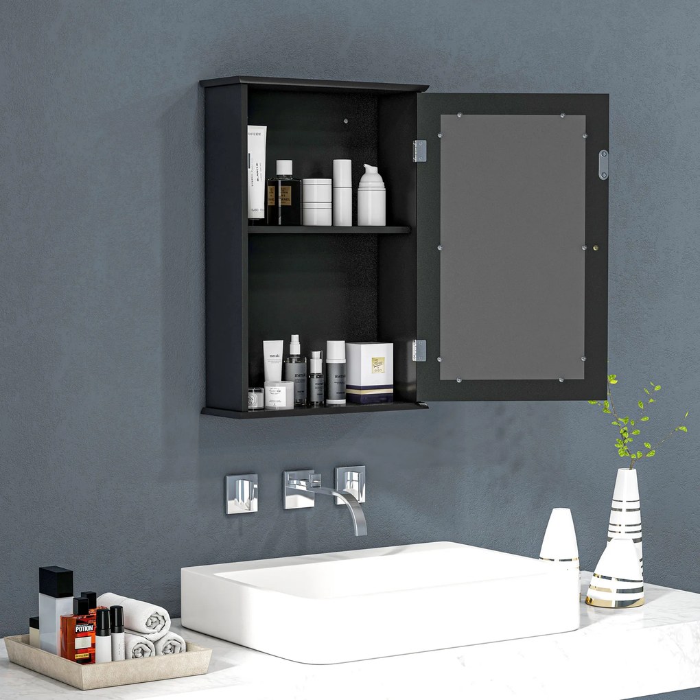 kleankin Mobilier de Baie Dulap Suspendat cu Oglindă 41x14x60cm Negru | Aosom Romania