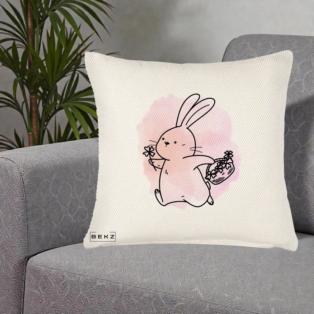 Perna Decorativa Iepuras Kawaii cu Cosulet Floral, 40x40 cm, Crem Reliefat, Husa Detasabila, Perna Inclusa, BEKZ®