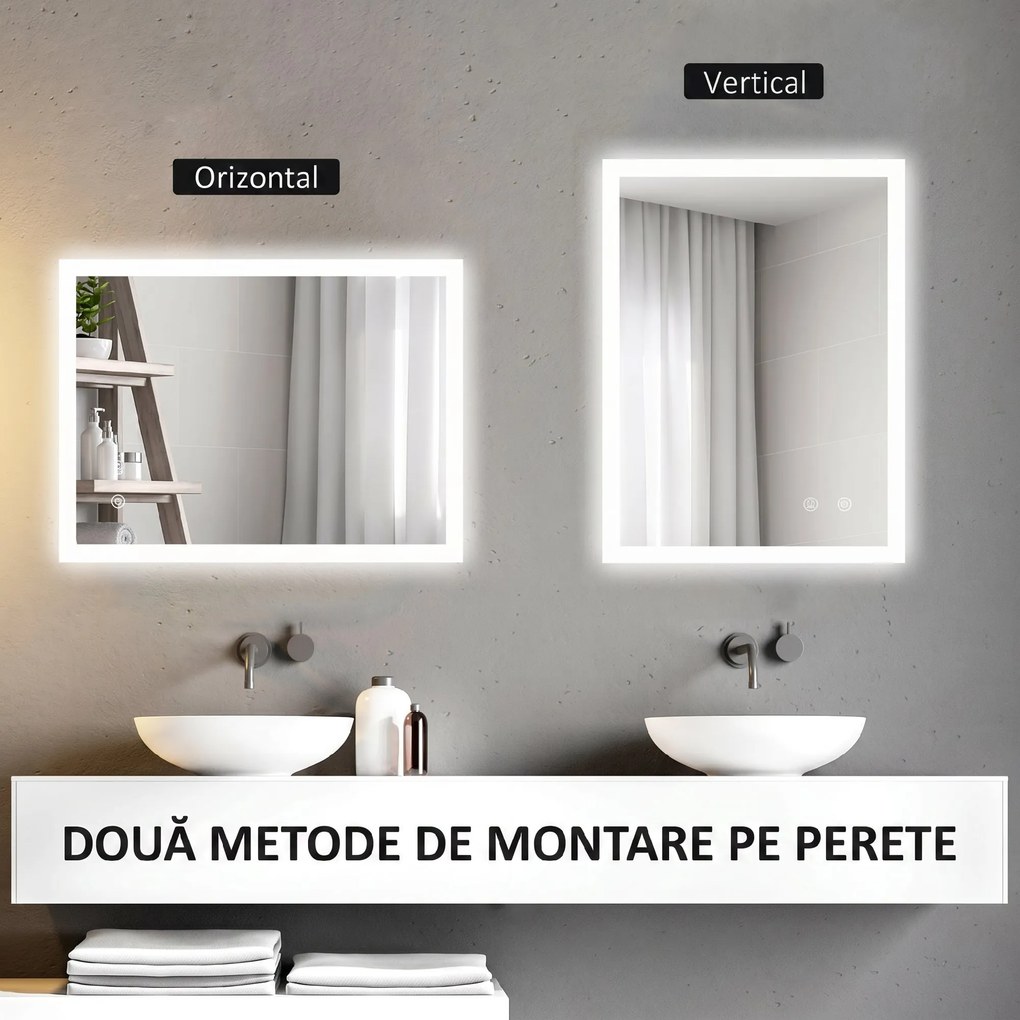 Kleankin Oglinda LED, Oglinda de Machiaj de Perete cu 3 Lumini, 800x600mm, Tactilă, Anti-Ceță, Montare Orizontală/Verticală | Aosom Romania