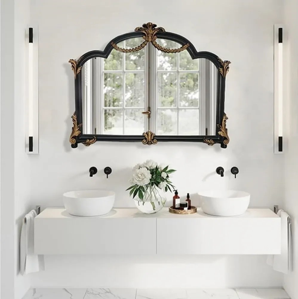 Oglindă decorativă de perete, ramă negru-aurii antichizată, 70x90 cm