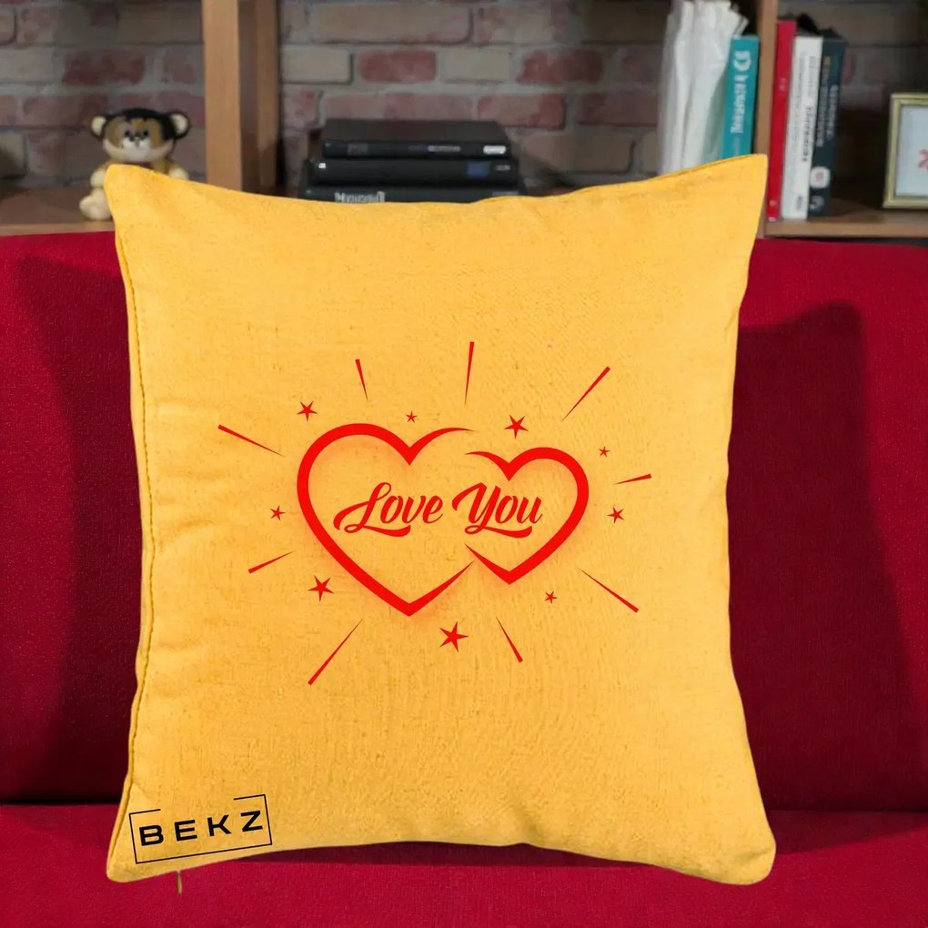 Cadou Romantic - Perna Personalizata Love You Doua Inimi, 40x40 cm, Galben, Husa Detasabila, Perna Inclusa, BEKZ®