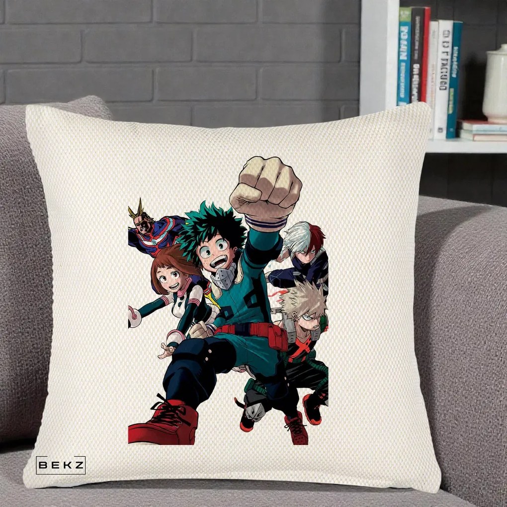 Perna Personalizata My Hero Academia Izuku Deku si Echipa, 40x40 cm, Crem Reliefat, Husa Detasabila, Perna Inclusa, BEKZ®
