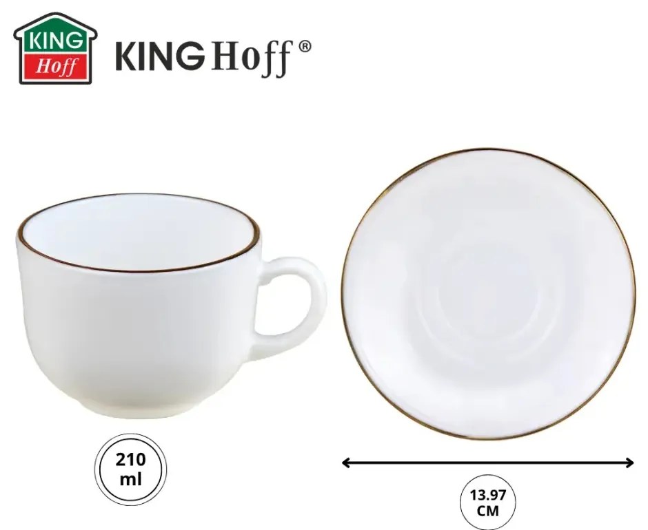 Set cesti cafea 12 piese, opal, alb cu auriu, 210 ml Kinghoff KH-1929
