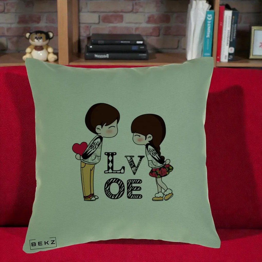 Cadou Romantic - Perna Personalizata Cuplu Kawaii LOVE, 40x40 cm, Verde, Husa Detasabila, Perna Inclusa, BEKZ®