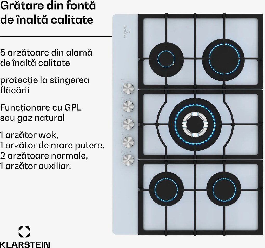 Klarstein Ignito Plită cu gaz cu 5 zone, 5 arzătoare, electrică aprindere, Wok, pentru gaz lichefiat sau natural