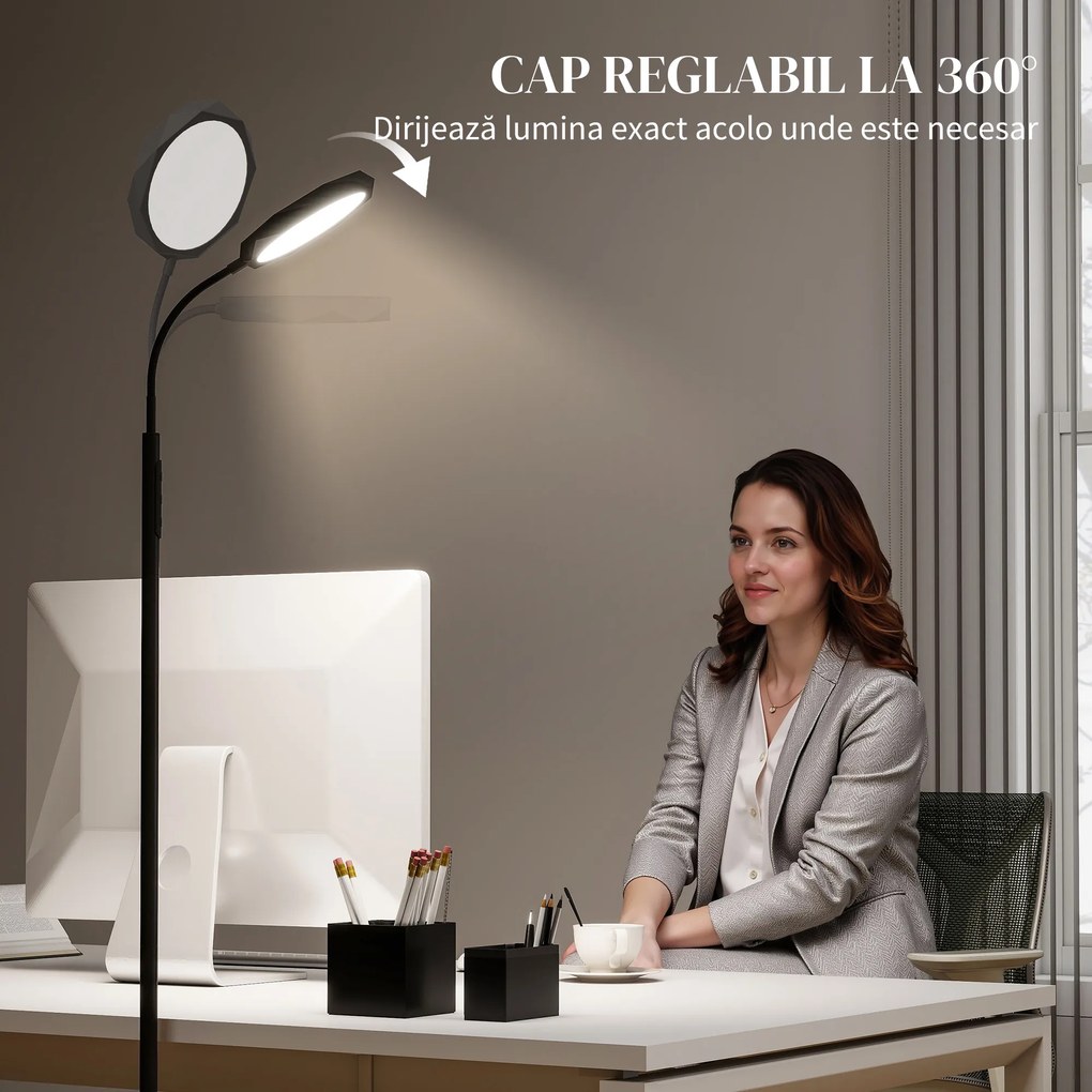 HOMCOM Lampă de Podea LED cu Telecomandă, Cap Rotativ, Reglare Luminozitate și Temperatură, Negru | Aosom Romania
