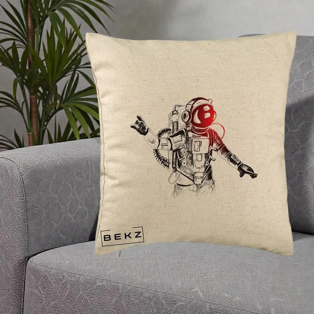 Perna Decorativa Astronaut Rock Sketching, 40x40 cm, Bej, Husa Detasabila, Perna Inclusa, BEKZ®