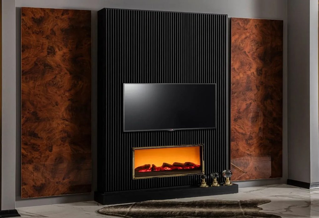 Unitate tv de perete cu semineu decorativ - silver (250x210)