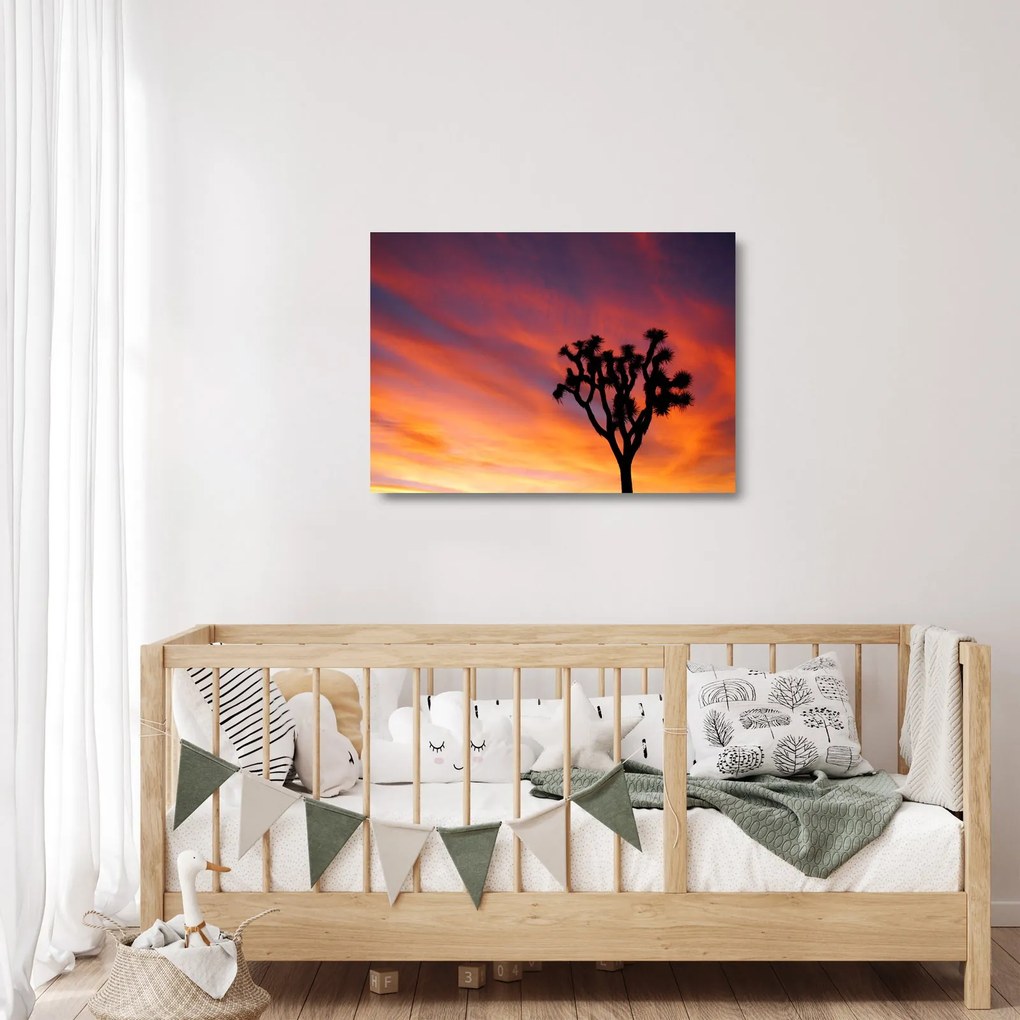 Tablou pe sticlă apus de soare deasupra siluetei unui copac (70x50 cm)
