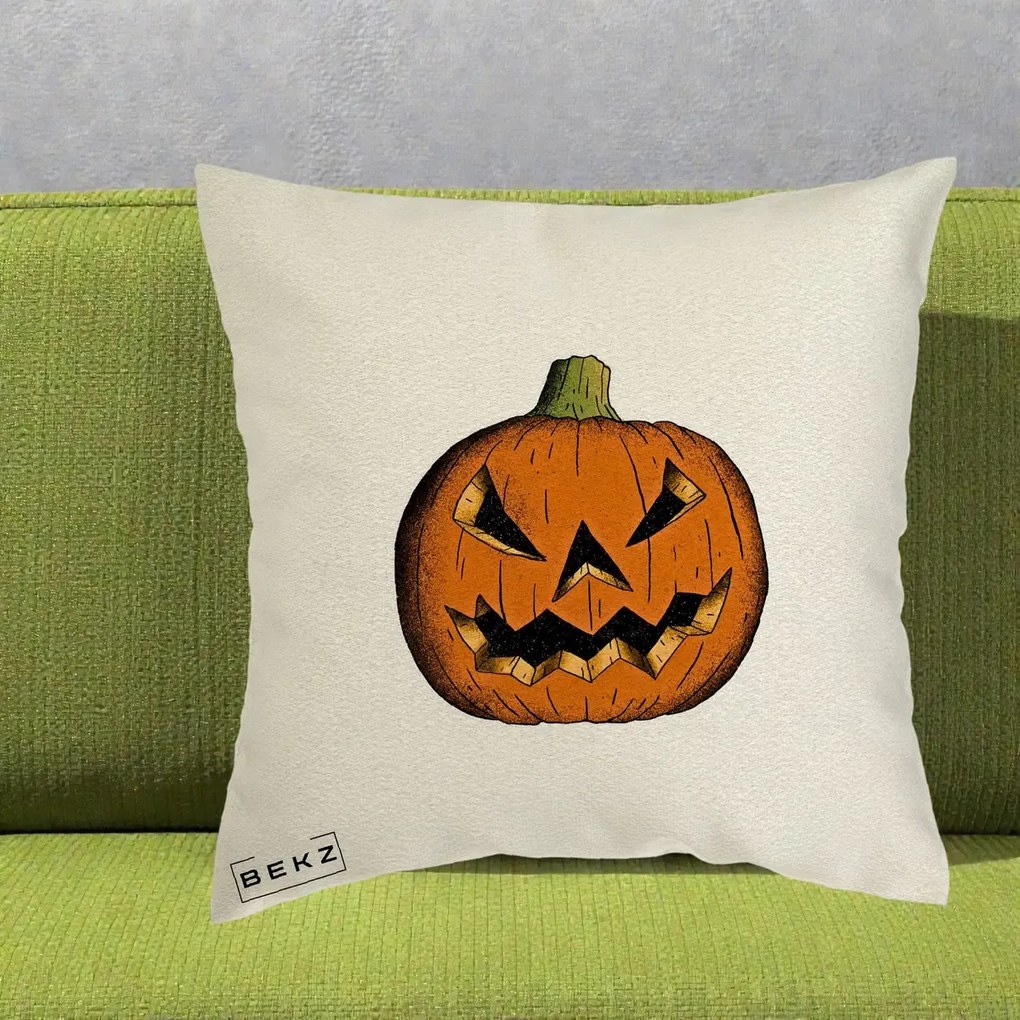 Perna Decorativa Halloween Dovleac Portocaliu Clasic, 40x40 cm, Ecru, Husa Detasabila, Perna Inclusa, BEKZ®